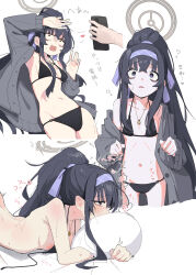 Rule 34 | 1girl, 1other, ?, absurdres, areola slip, bags under eyes, bikini, black bikini, black hair, blue archive, blush, breasts, cardigan, cellphone, commentary request, completely nude, constricted pupils, ear blush, grey cardigan, hair ribbon, hairband, halo, highres, holding, holding phone, hypnosis, implied sex, jewelry, kilabo, long hair, looking at viewer, lying, mind control, multiple views, navel, necklace, nude, o-ring, o-ring bikini, hugging object, official alternate costume, on stomach, open mouth, phone, pillow, pillow hug, ponytail, purple hairband, ribbon, saliva, small breasts, sweat, swimsuit, torogao, translation request, ui (blue archive), ui (swimsuit) (blue archive)