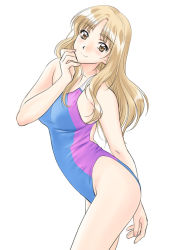 Rule 34 | 1990s (style), 1girl, arm behind back, blonde hair, blush, brown eyes, competition swimsuit, endou akira, hand on own chin, long hair, looking at viewer, one-piece swimsuit, polorinken, retro artstyle, sentimental graffiti, simple background, smile, solo, swimsuit, white background