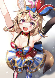 Rule 34 | 1girl, :d, ahoge, animal ears, arm strap, armpits, arms up, asymmetrical legwear, bare shoulders, black choker, blonde hair, bow, breasts, choker, dress, gold trim, hair bow, hat, heart, heart-shaped pupils, highres, hololive, looking at viewer, medium breasts, mismatched legwear, multicolored clothes, multicolored dress, multicolored hair, nishizawa, omaru polka, omaru polka (1st costume), open mouth, purple eyes, short hair, sleeveless, sleeveless dress, smile, solo, standing, streaked hair, symbol-shaped pupils, tail, thighhighs, v-shaped eyebrows, virtual youtuber