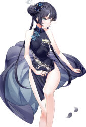 Rule 34 | 1girl, bare legs, black dress, black hair, blue archive, china dress, chinese clothes, clothes lift, double bun, dress, dress lift, hair bun, highres, kisaki (blue archive), knees, legs, lifted by self, long hair, ririko (zhuoyandesailaer), simple background, solo, thighs, twintails, white background