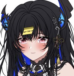 Rule 34 | 1girl, asymmetrical horns, black bow, black bowtie, black hair, blue bow, blue bowtie, blue hair, blush, bow, bowtie, broken horn, close-up, colored inner hair, demon horns, eeveestrations, hair ornament, hololive, hololive english, horns, long hair, looking at viewer, mole, mole under eye, multicolored hair, nerissa ravencroft, nerissa ravencroft (1st costume), red eyes, smile, solo, sticky note, two-tone bowtie, virtual youtuber