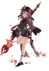Rule 34 | 1girl, :q, absurdres, black dress, black footwear, black headwear, commentary request, dress, genshin impact, grey hair, highres, holding, holding polearm, holding spear, holding weapon, hu tao (genshin impact), kneehighs, long hair, long sleeves, looking at viewer, polearm, red eyes, shoes, simple background, smile, socks, solo, spear, thighs, tongue, tongue out, very long hair, weapon, white background, white socks, wide sleeves, xiaobei