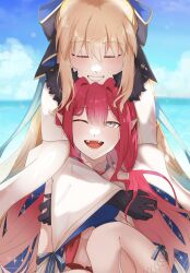 Rule 34 | 2girls, baobhan sith (fate), baobhan sith (swimsuit pretender) (fate), baobhan sith (swimsuit pretender) (first ascension) (fate), black bow, black gloves, blonde hair, blue sky, blush, bow, chin rest, closed eyes, day, dress, fangs, fate/grand order, fate (series), fur trim, gloves, grey eyes, hair bow, head on head, head rest, highres, hug, hug from behind, long hair, low twintails, mabotofu maki, mother and daughter, multiple girls, ocean, one eye closed, open mouth, outdoors, pink hair, pointy ears, sharp teeth, sidelocks, sky, smile, teeth, thighs, aesc (fate), aesc (savior) (fate), twintails, white dress, wide sleeves