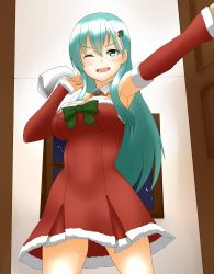 Rule 34 | &gt;;d, 1girl, 30-06, ;d, aqua eyes, aqua hair, armpits, bad id, bad pixiv id, bare legs, bare shoulders, blush, bow, breasts, carrying over shoulder, christmas tree hair ornament, cleavage, detached collar, detached sleeves, dress, female focus, fur trim, gift bag, green bow, hair between eyes, hair ornament, highres, indoors, kantai collection, large breasts, long hair, looking at viewer, one eye closed, open door, open mouth, outstretched arm, red detached sleeves, red dress, sack, santa costume, short dress, smile, solo, standing, strapless, strapless dress, suzuya (kancolle), v-shaped eyebrows, very long hair, window, wink