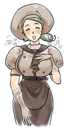 Rule 34 | 1girl, absurdres, akushitsu ningen, apron, ascot, brown apron, brown ascot, brown skirt, buttons, chef hat, creatures (company), cropped legs, game freak, gloves, green hair, hand on own chest, hat, highres, katy (pokemon), low side ponytail, mole, mole on cheek, muffin top, nintendo, pokemon, pokemon sv, puffy short sleeves, puffy sleeves, short sleeves, skirt, solo, spider web print, waist apron