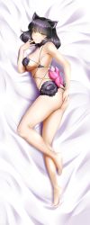 Rule 34 | 1girl, absurdres, animal ears, back bow, barefoot, bed sheet, black hair, black panties, blake belladonna, bow, breasts, cat ears, collarbone, cosplay, dakimakura (medium), fate/grand order, fate (series), from above, full body, hair between eyes, hand on ass, highres, huge filesize, incredibly absurdres, kimmy77, large breasts, looking at viewer, lying, mash kyrielight, mash kyrielight (dangerous beast), mash kyrielight (dangerous beast) (cosplay), medium hair, official alternate costume, on side, panties, parted lips, pink bow, revealing clothes, rwby, shiny skin, sideboob, solo, underwear, yellow eyes