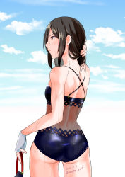 Rule 34 | 1girl, adjusting hair, ass, black hair, brown eyes, cloud, dated, fingerless gloves, from behind, gloves, hair down, hat, highres, holding, holding clothes, holding hat, long hair, morag ladair (obligatory leave) (xenoblade), morag ladair (xenoblade), sky, swimsuit, wet, xenoblade chronicles (series), xenoblade chronicles 2