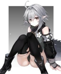 Rule 34 | 1girl, ahoge, arknights, ass, asymmetrical hair, bare shoulders, black footwear, black thighhighs, boots, crocodilian tail, detached sleeves, dress, flower, full body, gloves, goggles, goggles around neck, gradient background, grey background, grey gloves, grey hair, highres, hood, hood down, idashige (walkietalkie), large tail, long hair, looking at viewer, partially fingerless gloves, pointy ears, short dress, sidelocks, simple background, sitting, solo, tail, thighhighs, thighs, tomimi (arknights), torn clothes, torn thighhighs, two-tone background, white background, white flower, yellow eyes