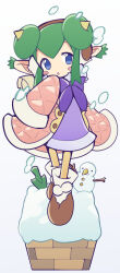Rule 34 | 1girl, blue eyes, blush stickers, chimney, christmas, double bun, dress, full body, green hair, hair bun, horns, lidelle (puyopuyo), long hair, looking at viewer, murata tefu, open mouth, pointy ears, puyopuyo, simple background, skirt, sleeves past wrists, snow, snowman, solo, white background