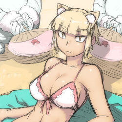 Rule 34 | 10s, 1girl, animal ears, bikini, bikini top only, blonde hair, breasts, cat ears, cleavage, expressionless, fanning face, front-tie bikini top, front-tie top, kuraishi tanpopo, large breasts, reclining, short hair, sketch, slit pupils, solo focus, strap gap, swimsuit, tsukudani (coke-buta), witch craft works, yellow eyes