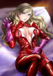 Rule 34 | 1girl, albyee, blonde hair, blue eyes, bodysuit, breasts, claw pose, commentary, commission, english commentary, gloves, hair down, hair ornament, hairclip, hand up, long hair, lying, medium breasts, on back, parted lips, persona, persona 5, pink gloves, red bodysuit, simple background, solo, takamaki anne, unzipping, wavy hair, white background, zipper, zipper pull tab