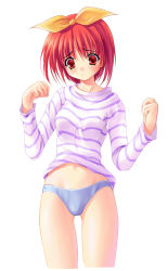 Rule 34 | 1girl, akamaru, blue panties, blush, bottomless, bow, clothes lift, hair ribbon, highres, kamigishi akari, no pants, panties, red eyes, red hair, ribbon, shirt lift, short hair, solo, standing, striped, sweater, to heart, to heart (series), underwear, yellow bow