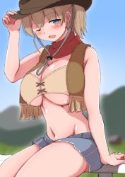 Rule 34 | 1girl, ;d, alternate costume, alumina1863, blue eyes, blue shorts, blush, breasts, brown hair, brown hat, cleavage, cowboy hat, cowgirl (western), denim, denim shorts, hat, intrepid (kancolle), kantai collection, large breasts, looking at viewer, midriff, navel, one eye closed, open mouth, ponytail, red scarf, scarf, short hair, short shorts, shorts, sitting, smile, solo, underboob