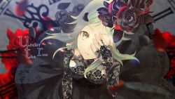 Rule 34 | arm up, bare shoulders, black dress, black flower, black rose, breasts, clock, covering one eye, dress, english text, expressionless, floral print, flower, forehead, foreshortening, from above, green eyes, green hair, gumi, hair flower, hair ornament, lace, long hair, long sleeves, looking at viewer, looking up, medium breasts, motion blur, parted bangs, parted lips, petals, print dress, red flower, red rose, rose, rose petals, rose print, solo, song name, soriku, vocaloid
