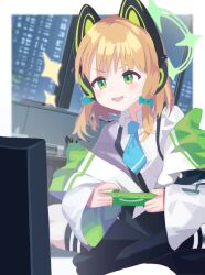 1girl absurdres animal_ear_headphones animal_ears blonde_hair blue_archive blue_necktie blush bow cat_ear_headphones controller crossed_legs fake_animal_ears game_controller green_bow green_eyes green_halo halo headphones highres holding holding_controller holding_game_controller homulily indoors jacket kneehighs long_sleeves low-tied_sidelocks midori_(blue_archive) necktie open_clothes open_mouth playing_games pleated_skirt ribbon shirt skirt smile socks solo sparkle television white_shirt window