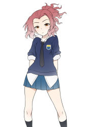 Rule 34 | 10s, 1girl, alternate hairstyle, arms behind back, black necktie, blue skirt, blue sweater, brown eyes, closed mouth, collar, crest, dress shirt, emblem, girls und panzer, hair up, long hair, long sleeves, looking at viewer, miniskirt, necktie, pleated skirt, red hair, rosehip (girls und panzer), school uniform, shirt, short hair, short ponytail, simple background, skirt, sleeves rolled up, socks, solo, standing, sweater, uniform, untucked shirt, v-neck, wata do chinkuru, white background, white shirt