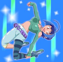 Rule 34 | 10s, 1girl, :d, ahoge, arched back, arm up, asymmetrical clothes, bare shoulders, belt, blue background, blue hair, blue pantyhose, breasts, capri pants, commentary request, crop top, flexible, flipped hair, from side, full body, jewelry, leaning back, lipstick, long sleeves, makeup, maki mizuki, mashiro mizuki, midriff, multicolored hair, navel, necklace, onnaski, open mouth, pants, pantyhose, pendant, purple lips, red eyes, shirt, shoes, short hair, single pantsleg, sleeves past wrists, smile, solo, sparkle, striped clothes, striped pantyhose, tribe cool crew, two-tone hair