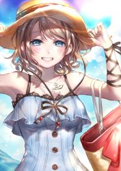 Rule 34 | 10s, 1girl, anchor necklace, armpit peek, arms up, bag, bare arms, bare shoulders, black ribbon, blouse, blue eyes, blue shirt, blue sky, brown hair, buttons, commentary, day, grin, hands on headwear, happy birthday, hat, highres, jewelry, lens flare, lips, lma, looking at viewer, love live!, love live! school idol festival, love live! sunshine!!, necklace, outdoors, ribbon, shirt, short hair, sky, sleeveless, sleeveless shirt, smile, solo, straw hat, striped clothes, striped shirt, upper body, vertical-striped clothes, vertical-striped shirt, watanabe you, wavy hair, wrist ribbon