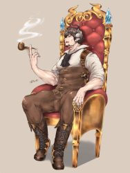 Rule 34 | 1boy, bara, barawa, brown eyes, brown hair, bulge, cross-laced footwear, draph, facial hair, full body, goatee, granblue fantasy, holding, holding smoking pipe, large pectorals, leather, looking at viewer, male focus, mature male, muscular, muscular male, osu (osumankokuou), pectorals, pointy ears, short hair, sitting, sleeves rolled up, smoke, smoking pipe, solo, throne