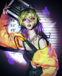 Rule 34 | 1girl, bandaid, bandaid on face, bug, butterfly, butterfly necklace, double bun, facial mark, green eyes, green hair, green lips, hair bun, highres, holding, insect, jacket, jewelry, jojo no kimyou na bouken, kuujou jolyne, lips, looking at viewer, mugshot, multicolored hair, necklace, open clothes, open jacket, orange jacket, phoneafrog, purple butterfly, purple hair, purple nails, solo, star (symbol), stone ocean