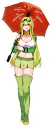 Rule 34 | 1girl, archived source, boots, breasts, creatures (company), full body, game freak, gen 5 pokemon, goggles, goggles on head, green hair, green skirt, green thighhighs, hair between eyes, holding, holding umbrella, katagiri hachigou, lilligant, long hair, long sleeves, medium breasts, miniskirt, navel, nintendo, open mouth, orange umbrella, over shoulder, personification, pokemon, red eyes, simple background, skirt, smile, solo, thigh boots, thighhighs, umbrella, umbrella over shoulder, very long hair, white background
