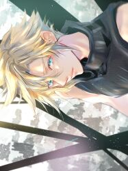 Rule 34 | 1boy, aqua eyes, bare shoulders, black shirt, blonde hair, blurry, blurry background, cloud strife, earrings, final fantasy, final fantasy vii, final fantasy vii remake, from above, hair between eyes, happy birthday, highres, jewelry, looking at viewer, male focus, parted lips, ponco pacoooon, shirt, short hair, single earring, sleeveless, sleeveless turtleneck, solo, spiked hair, turtleneck, twitter username, upper body