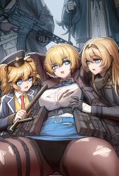 Rule 34 | 5girls, an-94 (girls&#039; frontline), ar-15, arms behind head, assault rifle, belt, black bra, black gloves, black jacket, black legwear, black panties, blonde hair, blue belt, blue eyes, blue jacket, blue neckwear, blue skirt, bound, bound wrists, bra, bra peek, breast envy, breasts, buckle, character request, cheogtanbyeong, collared shirt, commentary, cowboy shot, fur-trimmed jacket, fur trim, girls&#039; frontline, gloves, gun, hair between eyes, hair ornament, hair ribbon, hat, highres, holding, holding gun, holding weapon, jacket, large breasts, long hair, long sleeves, looking at another, magazine (weapon), military, military uniform, mole, mole under eye, multiple girls, neck ribbon, necktie, open clothes, open jacket, open mouth, panties, panties under pantyhose, pantyhose, police hat, pouch, red neckwear, ribbon, rifle, shirt, shirt tucked in, short hair, sidelocks, simple background, sitting, skirt, snap-fit buckle, snowflake hair ornament, st ar-15 (girls&#039; frontline), standing, super-shorty (girls&#039; frontline), sweater, teeth, textless version, thigh pouch, torn clothes, torn legwear, torn shirt, torn skirt, two side up, ump45 (girls&#039; frontline), underwear, uniform, upper teeth only, very long hair, vsk-94 (girls&#039; frontline), weapon, white shirt, yellow sweater