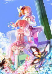 Rule 34 | 10s, 2girls, ameru.miro, bad id, bad pixiv id, beret, blonde hair, blue sky, blurry, bug, butterfly, chair, closed eyes, day, depth of field, drill hair, flower, foreshortening, hat, highres, insect, kaname madoka, kneeling, magical girl, mahou shoujo madoka magica, mahou shoujo madoka magica (anime), multiple girls, pink hair, short hair, sitting, sky, thighhighs, tomoe mami, twin drills, twintails, yellow eyes