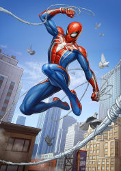 Rule 34 | 1boy, airborne, bird, city, highres, male focus, marvel, mask, patrick brown, pigeon, solo, spider-man, spider-man (2018 game), spider-man (series), spider web print