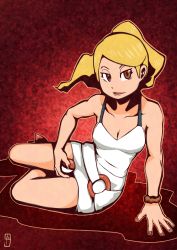 Rule 34 | 1girl, bare arms, bare legs, bare shoulders, beauty (pokemon), blonde hair, breasts, brown eyes, chawalit adsawawalanon, cleavage, collarbone, commentary, creatures (company), dress, eyelashes, fingernails, game freak, high ponytail, highres, holding, holding poke ball, long hair, looking away, looking to the side, lying, nintendo, npc trainer, on side, open mouth, parted bangs, poke ball, poke ball (basic), pokemon, pokemon sm, red background, red footwear, shoes, short dress, solo, tongue, white dress, wristband
