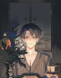 Rule 34 | 1boy, ace attorney, ato (ml cc g), black hair, blue flower, closed mouth, flower, grey eyes, highres, incense, incense burner, indoors, kazuma asogi, looking at viewer, male focus, petals, plant, solo, the great ace attorney, upper body, vase, white flower, yellow flower