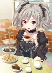 Rule 34 | 10s, 1girl, blush, brick wall, cake, cake slice, candy, chocolate cake, choker, cup, dress, drill hair, food, gothic lolita, grey hair, hair ribbon, idolmaster, idolmaster cinderella girls, kanzaki ranko, kisugi akira, lolita fashion, long hair, looking at viewer, open mouth, pastry, pavement, plate, red eyes, ribbon, saucer, sitting, smile, solo, table, tea, teacup, teapot, tiered serving stand, tiered tray, twin drills, twintails, window