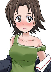 Rule 34 | 1girl, absurdres, blue jacket, blush, brown eyes, brown hair, clothes pull, commentary, girls und panzer, green tank top, highres, jacket, jacket pull, military uniform, ooarai military uniform, open clothes, open jacket, parted bangs, sawa azusa, short hair, simple background, solo, tank top, uniform, wakku kan, white background