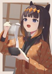 Rule 34 | 1girl, :d, absurdres, black hair, blunt bangs, blush, bowl, center-flap bangs, chopsticks, commentary, ecli xx, food, gradient hair, grey eyes, haori, headpiece, highres, holding, holding bowl, hololive, hololive english, indoors, japanese clothes, long hair, long sleeves, mochi, multicolored hair, ninomae ina&#039;nis, open mouth, orange hair, orange haori, pointy ears, shouji, sidelocks, sliding doors, smile, solo, straight hair, tentacle hair, virtual youtuber, zouni soup