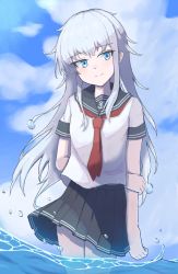 Rule 34 | 1girl, adapted costume, alternate sleeve length, anchor symbol, arms behind back, black sailor collar, black skirt, blue eyes, blue sky, cloud, commentary request, cowboy shot, day, hibiki (kancolle), highres, kantai collection, long hair, looking at viewer, minase00, neckerchief, outdoors, pleated skirt, red neckerchief, sailor collar, school uniform, serafuku, short sleeves, skirt, sky, smile, soaking feet, solo, standing, water, white hair
