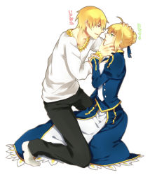 Rule 34 | 1boy, 1girl, ahoge, artoria pendragon (all), artoria pendragon (fate), blonde hair, bracelet, casual, dress, fate/zero, fate (series), gilgamesh (fate), green eyes, hair ribbon, hand on another&#039;s face, jewelry, necklace, official alternate costume, red eyes, ribbon, saber (fate), sae (091688), white background