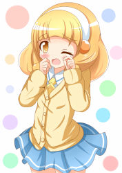 Rule 34 | 10s, 1girl, blonde hair, blush, cardigan, hairband, highres, kise yayoi, necktie, open mouth, precure, school uniform, short hair, skirt, smile, smile precure!, solo, tears, white hairband, xenon (for achieve), yellow eyes
