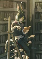 1boy animal_ears black_hair book bookshelf closed_mouth collared_shirt english_text feet_out_of_frame flower fox_boy fox_ears genshin_impact green_eyes green_hair hair_between_eyes highres holding holding_book holding_pencil hood hoodie indoors library long_sleeves looking_at_object male_focus medium_hair multicolored_hair nocetus open_book pencil print_hoodie shirt shoes socks solo stairs streaked_hair sweater tighnari_(genshin_impact) twitter_username two-tone_hair yellow_flower