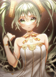 Rule 34 | 1girl, absurdres, after0217, armlet, blush, bracelet, choker, commentary, dress, gold trim, gramophone miku, green eyes, green hair, hair ornament, hand in own hair, hatsune miku, highres, jewelry, long hair, looking at viewer, miku symphony (vocaloid), parted lips, ribbon, solo, strapless, strapless dress, twintails, very long hair, vocaloid