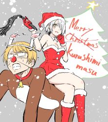 Rule 34 | 10s, 1boy, 1girl, animal costume, bell, neck bell, boots, breasts, candle, chartreux westia, christmas, cleavage, clenched teeth, collar, dress, fur trim, glasses, gloves, hair over one eye, hat, highres, kishuku gakkou no juliet, merry christmas, natsupa, pun, red gloves, reindeer costume, santa boots, santa costume, santa gloves, santa hat, scott fold, short hair, silver hair, sitting, sitting on person, strapless, strapless dress, sweat, teeth, yellow eyes
