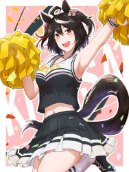 Rule 34 | 1girl, ahoge, alternate costume, alternate hairstyle, animal ears, armpits, arms up, black hair, black skirt, blush, border, breasts, character name, cheerleader, commentary request, confetti, ear ornament, hair between eyes, highres, horse ears, horse girl, horse tail, kitasan black (umamusume), looking at viewer, medium breasts, midriff, multicolored hair, navel, open mouth, pleated skirt, pom pom (cheerleading), red eyes, ribehachi, skirt, smile, solo, streaked hair, tail, umamusume, umamusume (anime), white border, white hair