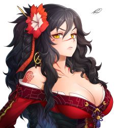 1girl, arienne (knights), bags under eyes, black hair, breasts, cleavage, commission, commissioner upload, earrings, flower, hair between eyes, hair ornament, hair ribbon, hibiscus, highres, jewelry, large breasts, long hair, looking at viewer, messy hair, off shoulder, original, ribbon, runshin, side ponytail, solo, tattoo, upper body, yellow eyes