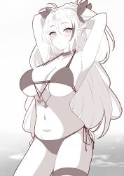 Rule 34 | 1girl, absurdres, armpits, arms behind head, arms up, azur lane, bare arms, bare shoulders, bikini, blush, breasts, cleavage, closed mouth, commentary request, hair between eyes, hair ribbon, highres, large breasts, long hair, looking at viewer, monochrome, moyoron, navel, parted bangs, prinz eugen (azur lane), prinz eugen (unfading smile) (azur lane), ribbon, side-tie bikini bottom, solo, swimsuit, thigh strap, two side up, very long hair