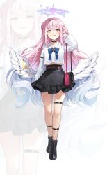 Rule 34 | 1girl, absurdres, angel wings, bag, black choker, black footwear, black skirt, blue archive, blush, boots, choker, collarbone, collared shirt, crescent, crescent pin, feathered wings, frilled skirt, frills, hair bun, halo, highres, long hair, long sleeves, looking at viewer, mika (blue archive), multiple views, open mouth, pink hair, pink halo, puffy long sleeves, puffy sleeves, shirt, single side bun, skirt, smile, solcha, thigh strap, white shirt, white wings, wings, yellow eyes, zoom layer