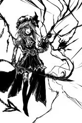 Rule 34 | 1girl, acryl, fangs, female focus, flandre scarlet, greyscale, hat, highres, monochrome, side ponytail, solo, sword, embodiment of scarlet devil, thighhighs, touhou, weapon