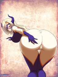 Rule 34 | 10s, 1girl, all fours, artist name, ass, bent over, blonde hair, blush, bodysuit, boku no hero academia, breasts, cameltoe, deep skin, domino mask, embarrassed, female focus, from behind, gloves, gradient background, half-closed eyes, hand on own ass, horns, huge ass, large breasts, layerth, legs together, long hair, looking at viewer, looking back, mask, mount lady, parted lips, purple eyes, sideboob, skin tight, solo, standing, teeth, thighhighs