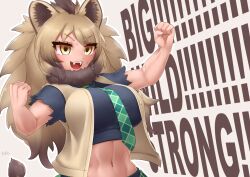 Rule 34 | 1girl, animal ears, arm up, artist name, biceps, black shirt, breasts, brown eyes, brown vest, buttons, cape lion (kemono friends), clenched hands, cropped torso, english text, eyelashes, facial scar, fangs, fur collar, green necktie, hand up, highres, impossible clothes, impossible shirt, kemono friends, large breasts, light brown hair, linea alba, lion ears, lion tail, long hair, midriff, multicolored hair, muscular, muscular female, navel, necktie, open clothes, open mouth, open vest, parted bangs, plaid necktie, scar, scar on arm, scar on cheek, scar on face, shirt, short sleeves, skirt, smile, solo, stomach, tail, tan, toned, torn clothes, torn sleeves, unbuttoned, upper body, very long hair, vest, yellow eyes, yonkuron