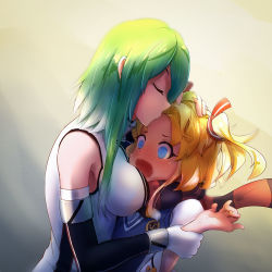 Rule 34 | 2girls, @ @, admiral hipper (warship girls r), age difference, blonde hair, blush, breasts, detached sleeves, female focus, gloves, glowworm (warship girls r), gradient background, green hair, hand in another&#039;s hair, holding another&#039;s wrist, kiss, kissing forehead, kongxia zhi yu, large breasts, multiple girls, scarf, short hair, standing, warship girls r, wavy mouth, yuri