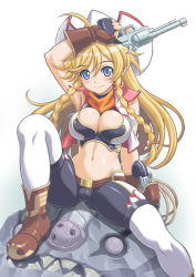 Rule 34 | 1girl, ahoge, armpits, bad id, bad pixiv id, belt, blonde hair, blue eyes, blush, boots, bow, braid, breasts, cameltoe, cleavage, cowboy hat, fingerless gloves, freckles, gloves, gun, hair bow, handgun, hat, higuchi isami, holster, large breasts, long hair, midriff, navel, neckerchief, pants, remuria, revolver, shinrabanshou, single-action revolver, sitting, smile, thigh holster, tight clothes, tight pants, twin braids, vest, weapon, cowboy western