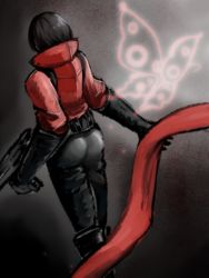 Rule 34 | 1girl, ada wong, ass, black hair, boots, bug, butterfly, from behind, gloves, gun, bug, jacket, knee boots, popped collar, resident evil, resident evil 6, short hair, solo, weapon, will-kokoro